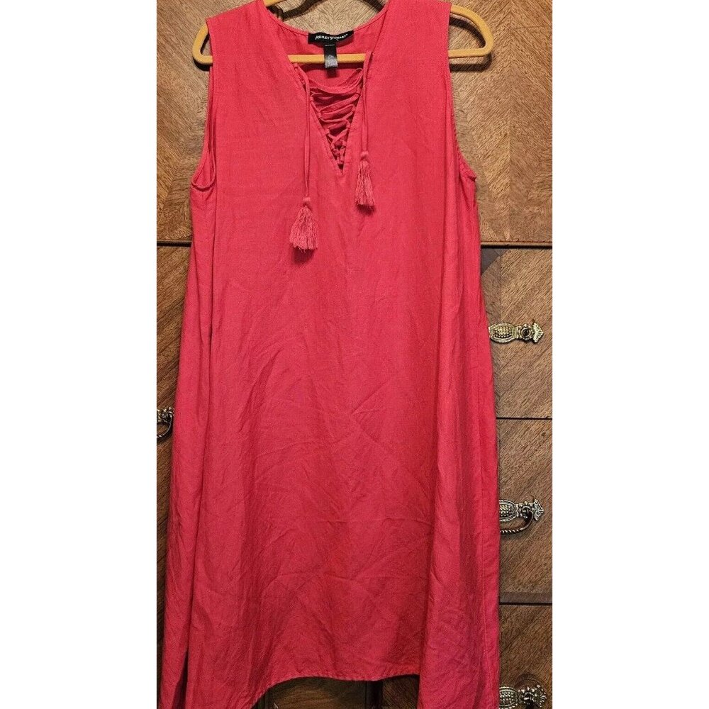 Ashley Stewart Size 16 Red/Dark Pink Tie Neck Cotton Knee Length Dress